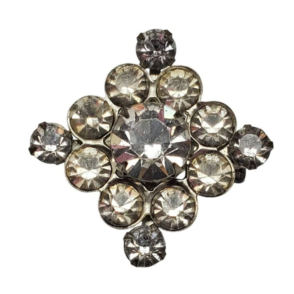 Vintage Diamond Shaped Cluster Brooch Small Pin Clear Rhinestones Silver Tone